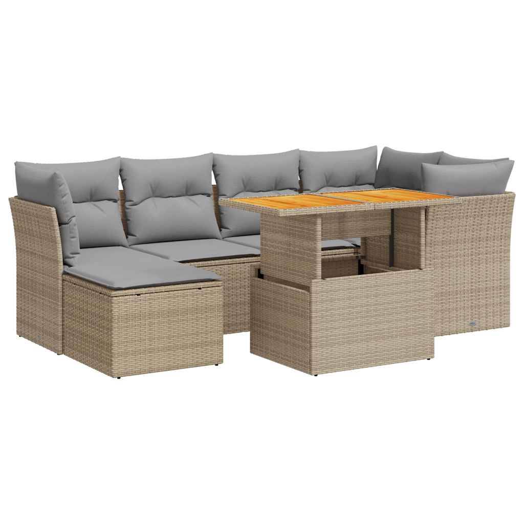 vidaXL 7-tlg. Garten-Sofagarnitur mit Kissen Beige Poly Rattan
