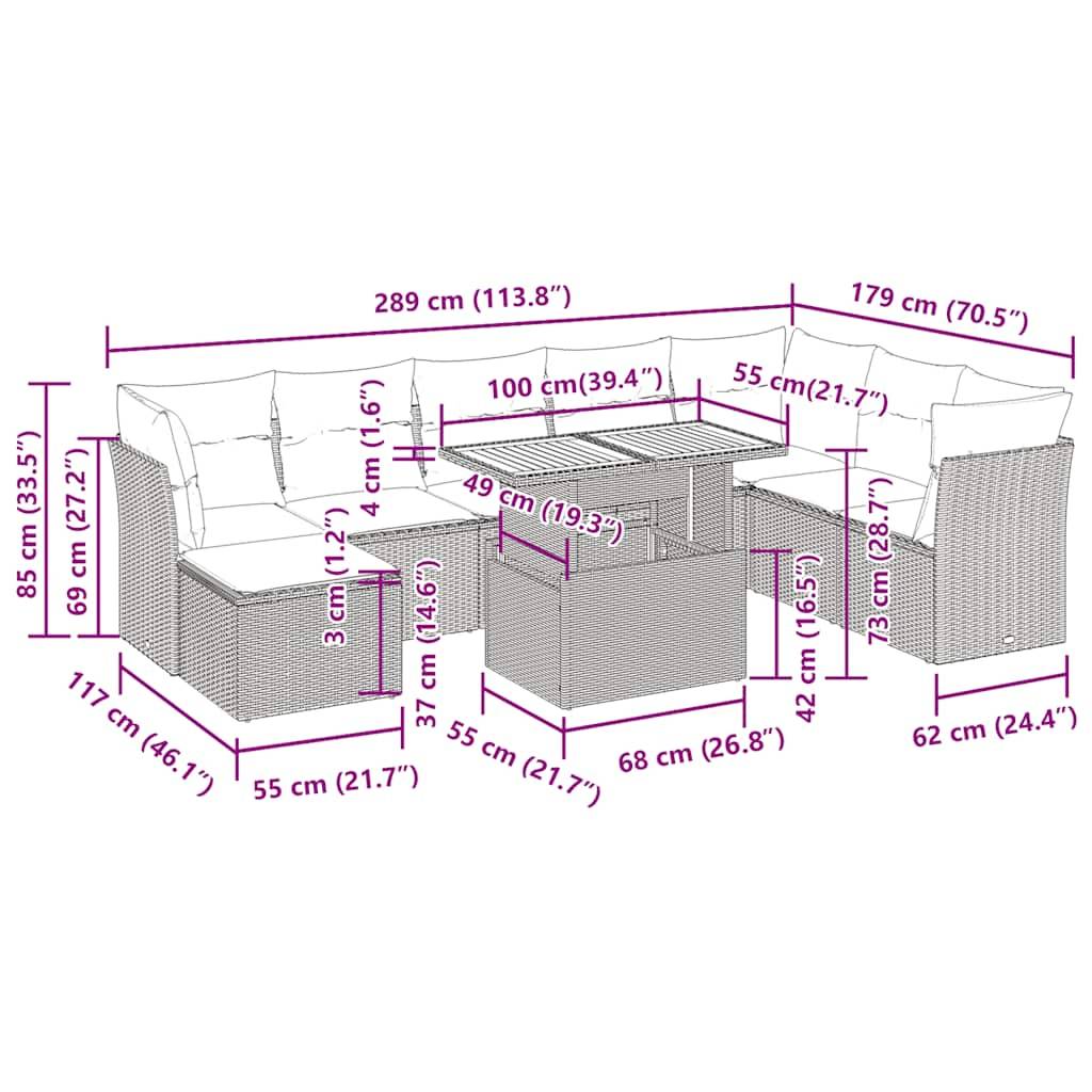 vidaXL 9-tlg. Garten-Sofagarnitur mit Kissen Grau Poly Rattan
