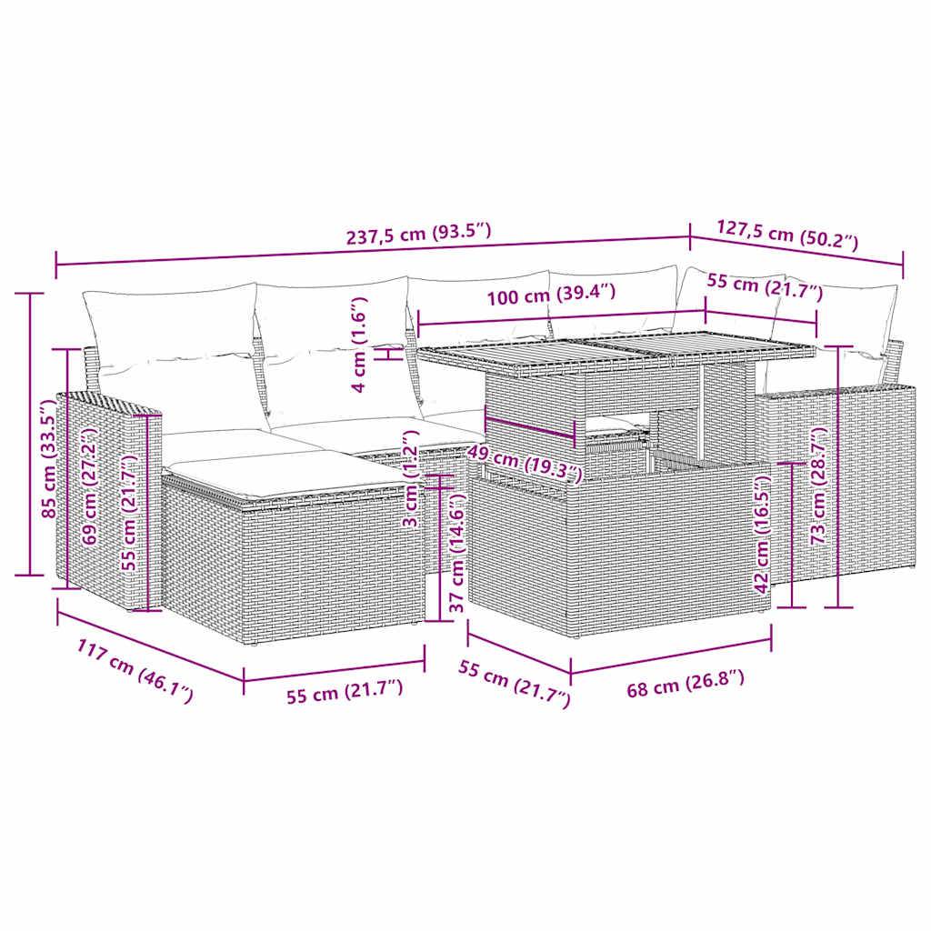 vidaXL 7-tlg. Garten-Sofagarnitur mit Kissen Schwarz Poly Rattan