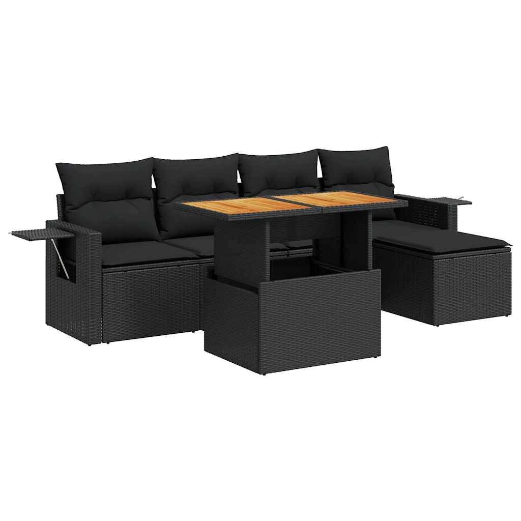 vidaXL 6-tlg. Garten-Sofagarnitur mit Kissen Schwarz Poly Rattan