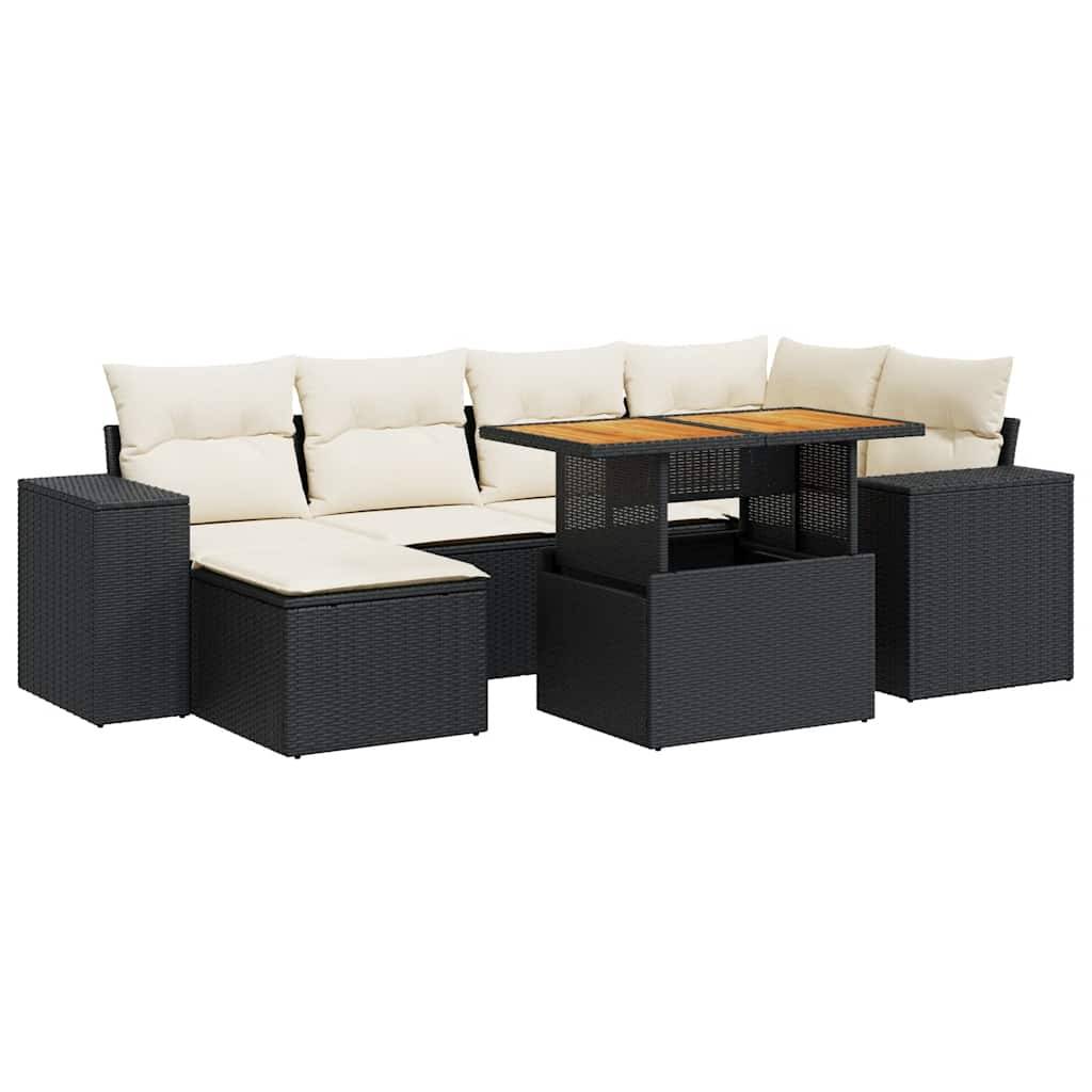 vidaXL 7-tlg. Garten-Sofagarnitur mit Kissen Schwarz Poly Rattan