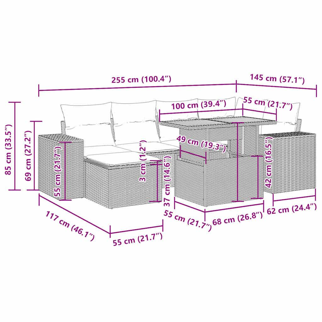vidaXL 7-tlg. Garten-Sofagarnitur mit Kissen Schwarz Poly Rattan