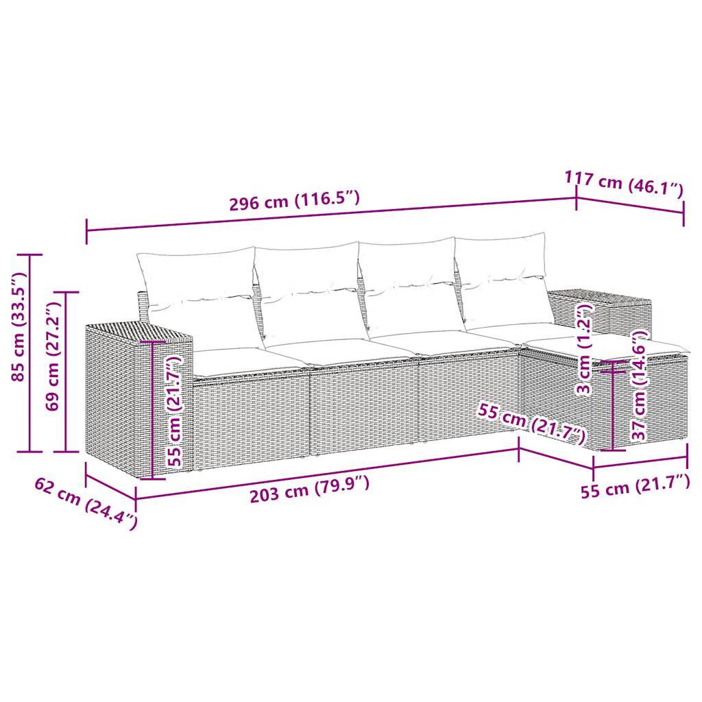 vidaXL 5-tlg. Garten-Sofagarnitur mit Kissen Hellgrau Poly Rattan