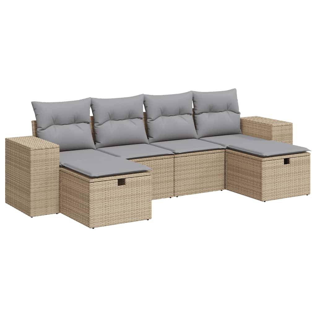 vidaXL 6-tlg. Garten-Sofagarnitur mit Kissen Beige Poly Rattan