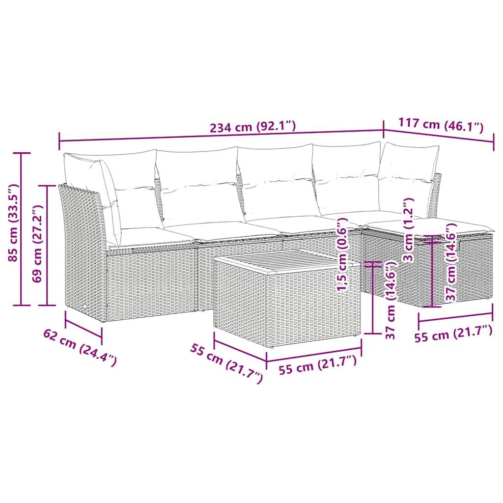 vidaXL 6-tlg. Garten-Sofagarnitur mit Kissen Schwarz Poly Rattan