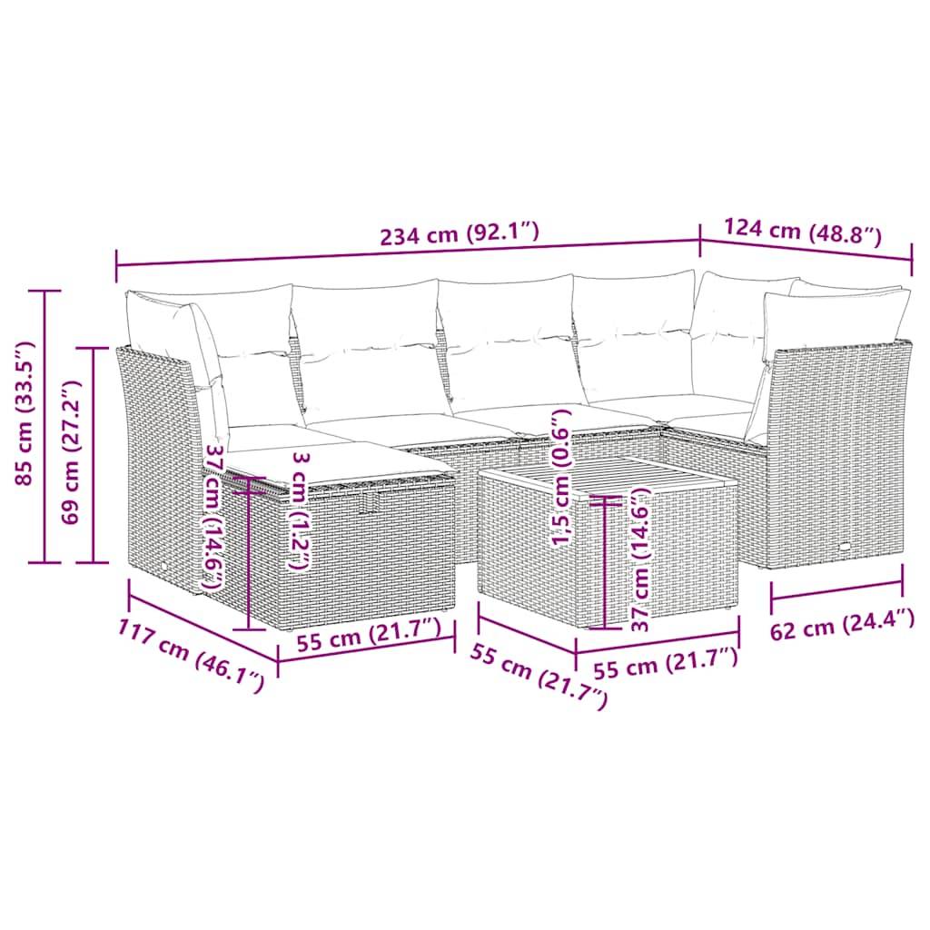vidaXL 7-tlg. Garten-Sofagarnitur mit Kissen Beige Poly Rattan