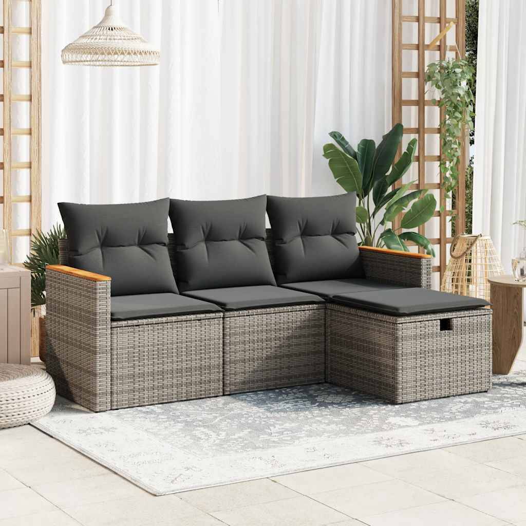 vidaXL 4-tlg. Garten-Sofagarnitur mit Kissen Grau Poly Rattan