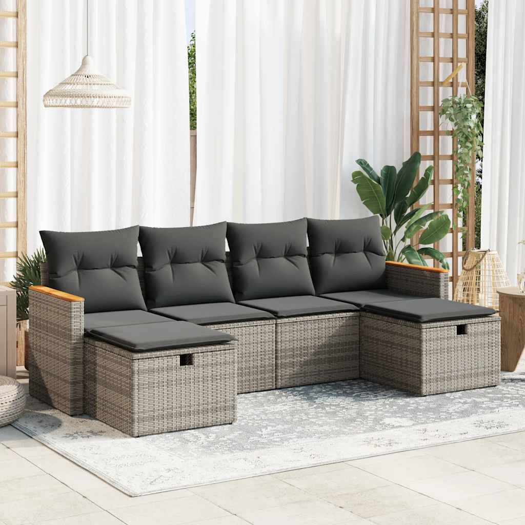 vidaXL 6-tlg. Garten-Sofagarnitur mit Kissen Grau Poly Rattan