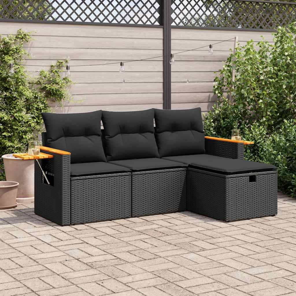vidaXL 4-tlg. Garten-Sofagarnitur mit Kissen Schwarz Poly Rattan