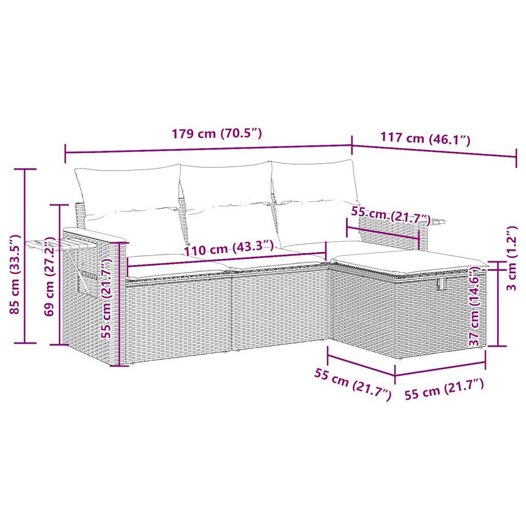 vidaXL 4-tlg. Garten-Sofagarnitur mit Kissen Schwarz Poly Rattan