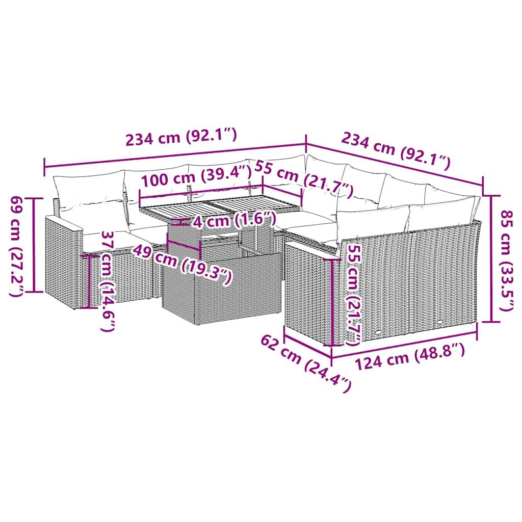 vidaXL 9-tlg. Garten-Sofagarnitur mit Kissen Schwarz Poly Rattan