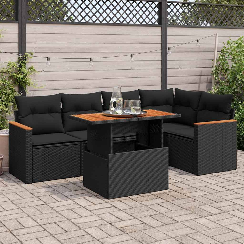 vidaXL 6-tlg. Garten-Sofagarnitur mit Kissen Schwarz Poly Rattan