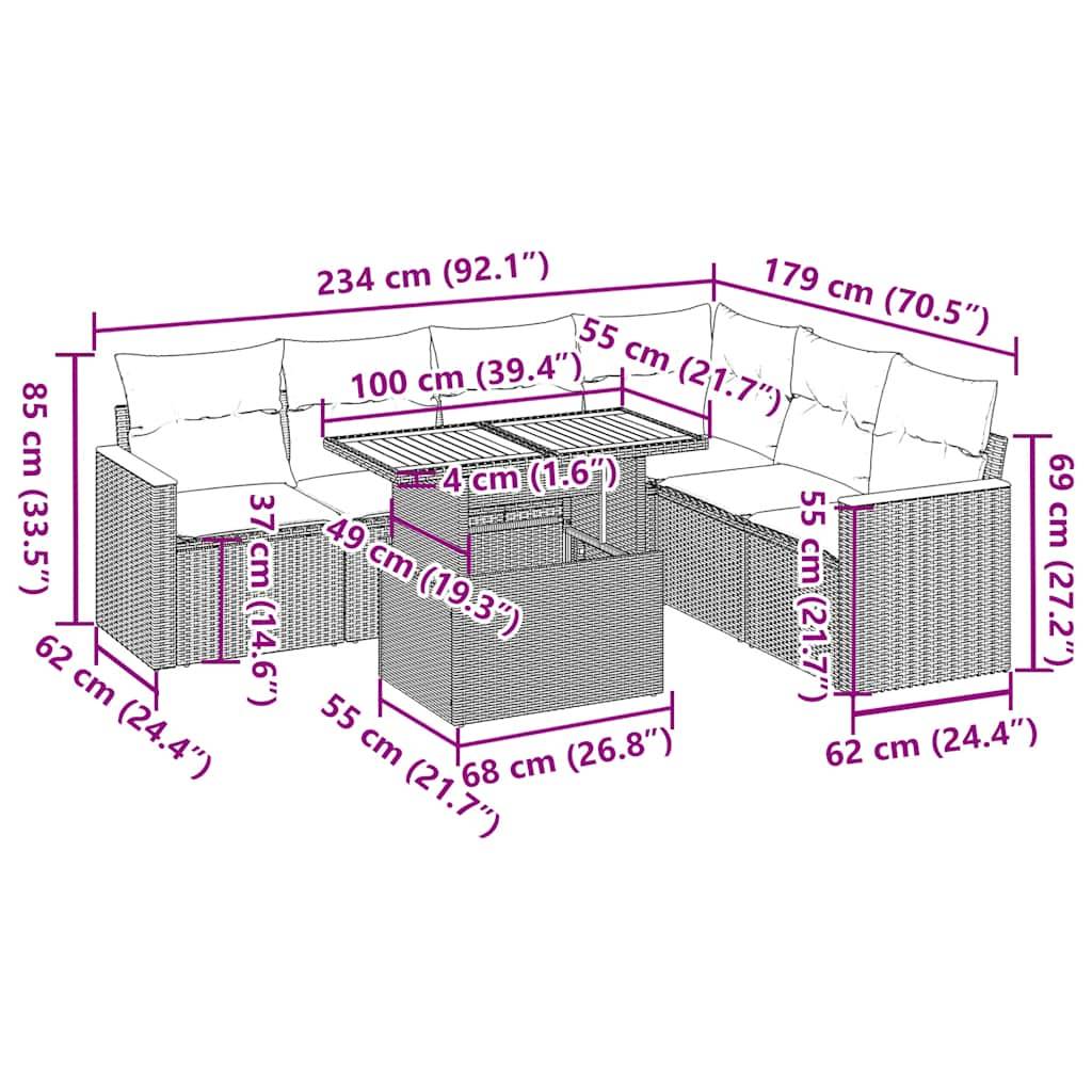 vidaXL 7-tlg. Garten-Sofagarnitur mit Kissen Schwarz Poly Rattan