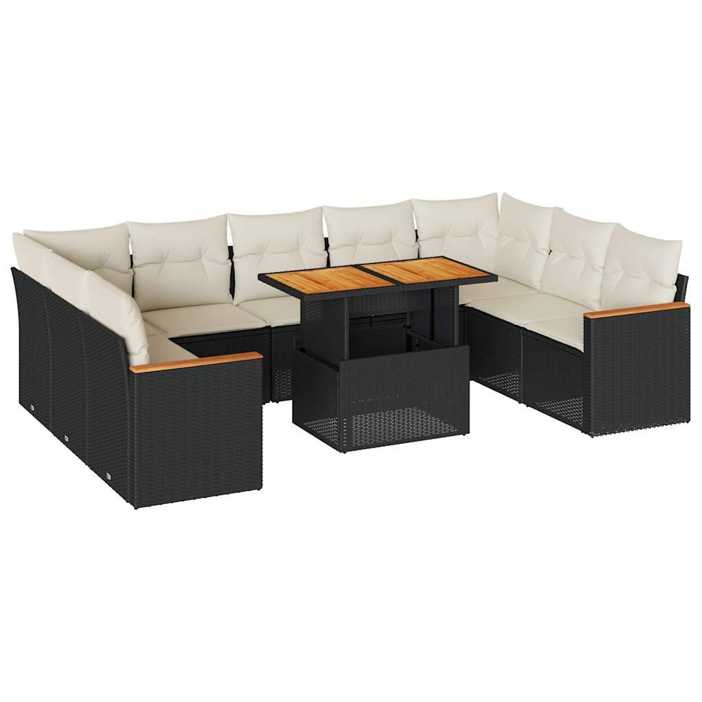 vidaXL 10-tlg. Garten-Sofagarnitur mit Kissen Schwarz Poly Rattan