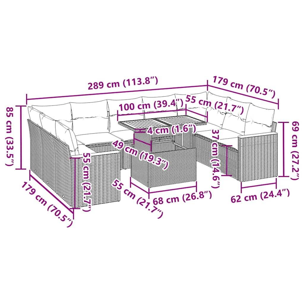 vidaXL 10-tlg. Garten-Sofagarnitur mit Kissen Schwarz Poly Rattan