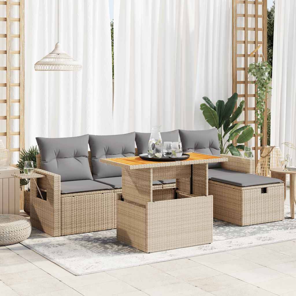 vidaXL 6-tlg. Garten-Sofagarnitur mit Kissen Beige Poly Rattan Akazie