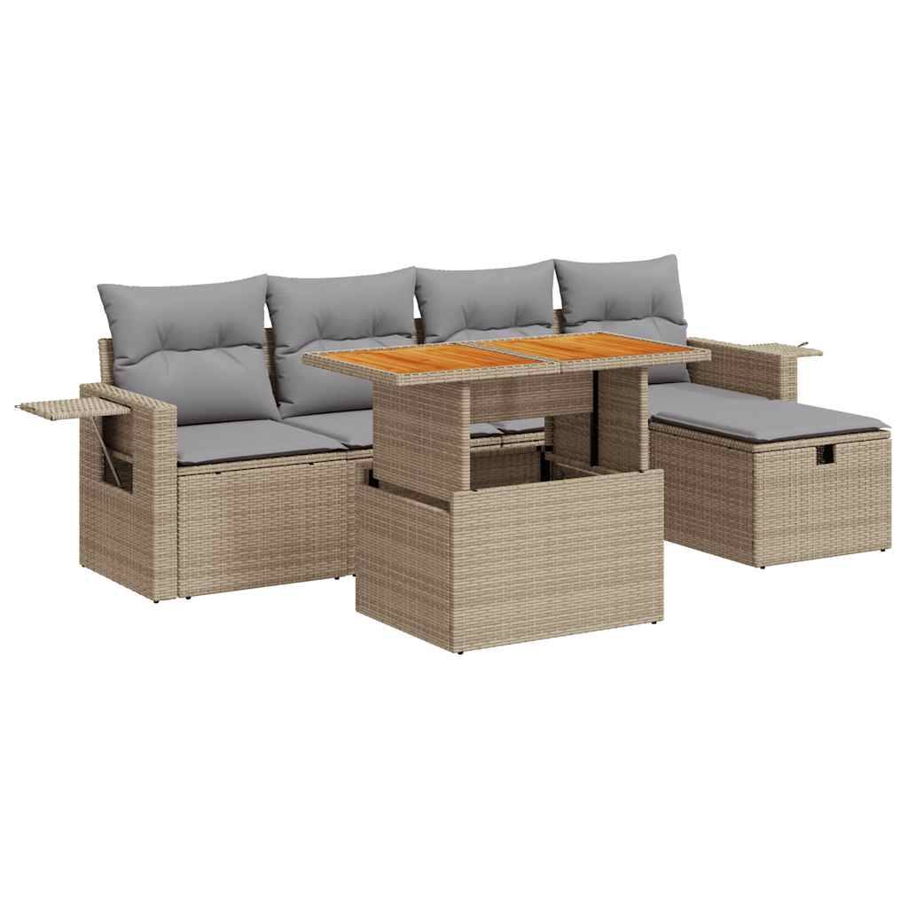 vidaXL 6-tlg. Garten-Sofagarnitur mit Kissen Beige Poly Rattan Akazie