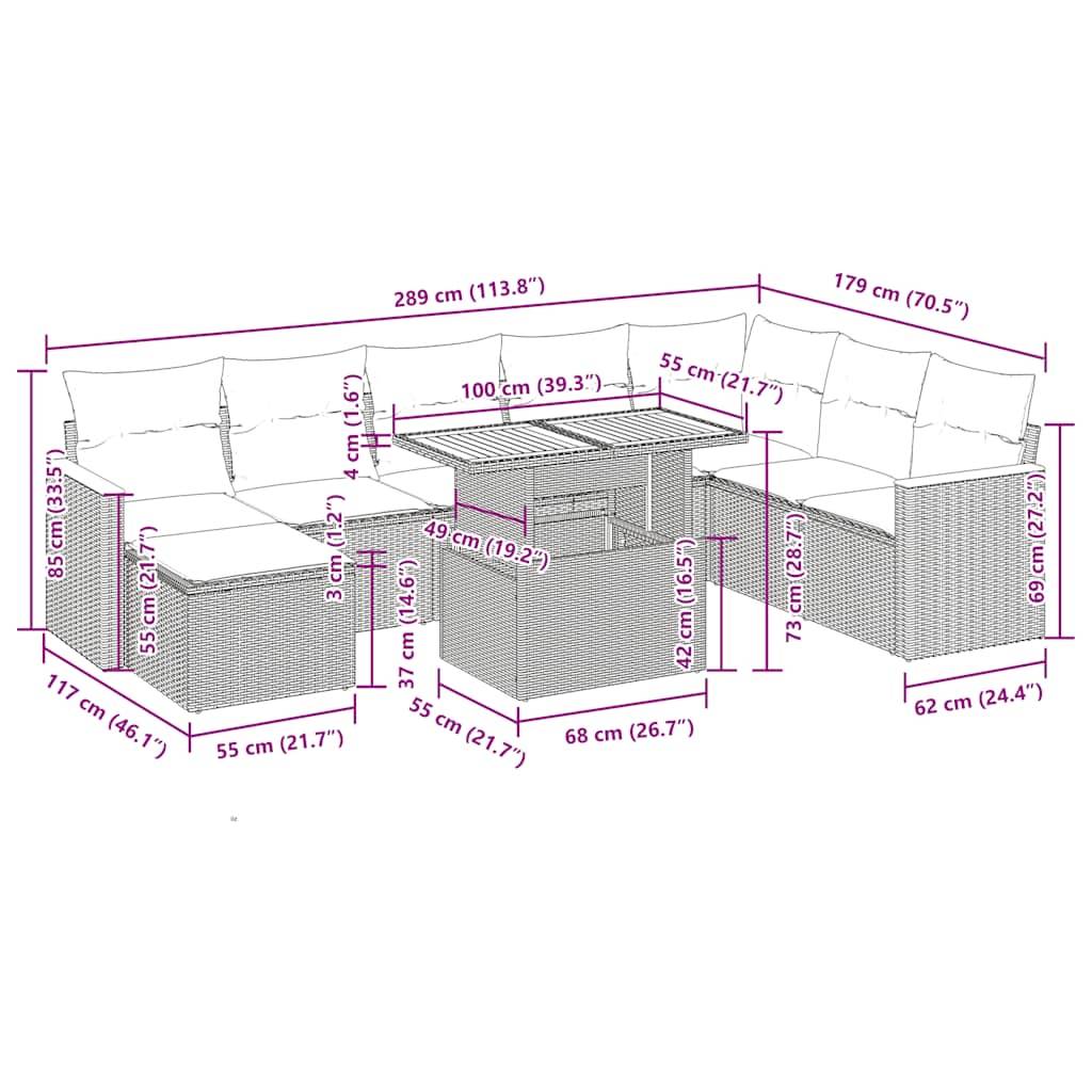 vidaXL 9-tlg. Garten-Sofagarnitur mit Kissen Schwarz Poly Rattan