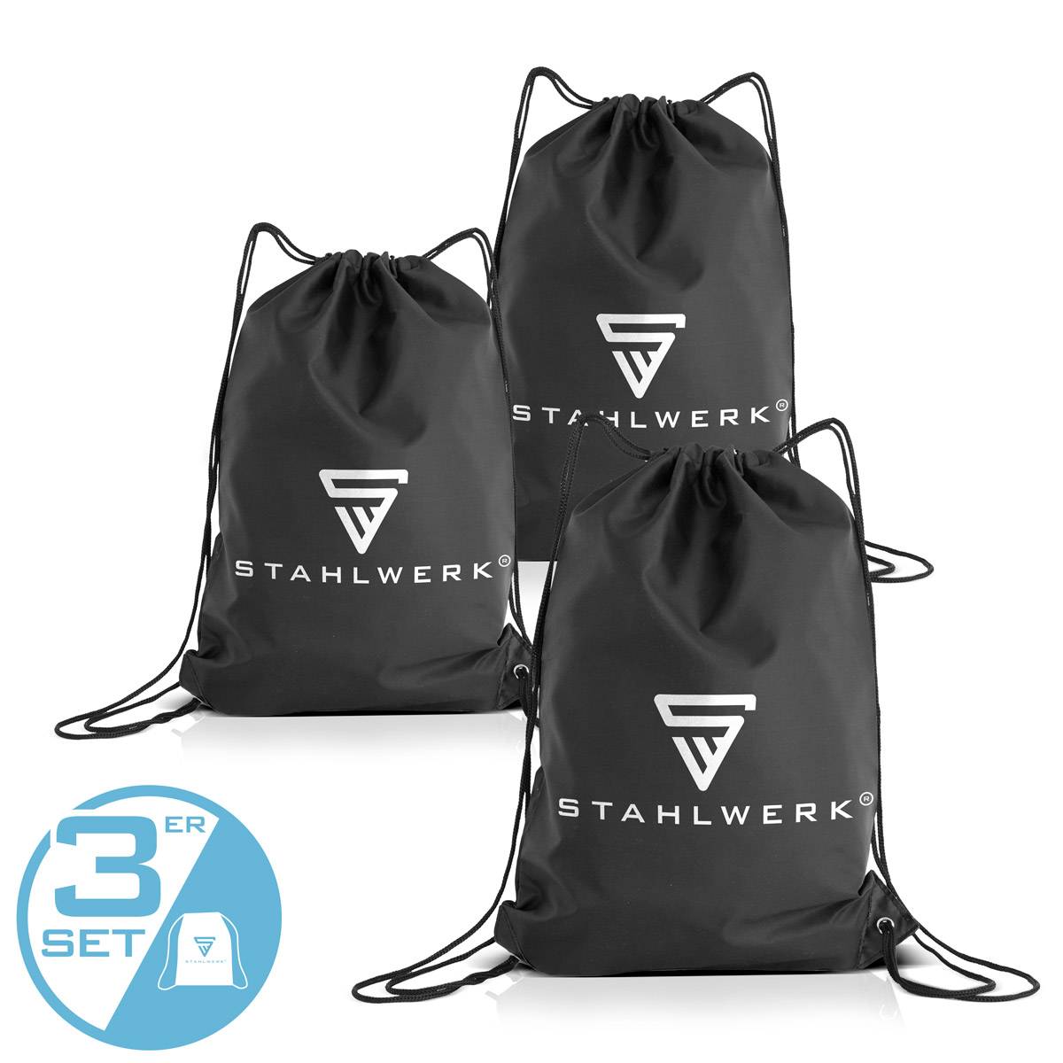 STAHLWERK Turnbeutel 3er Set wasserfester Sportbeutel Sporttasche Sportrucksack