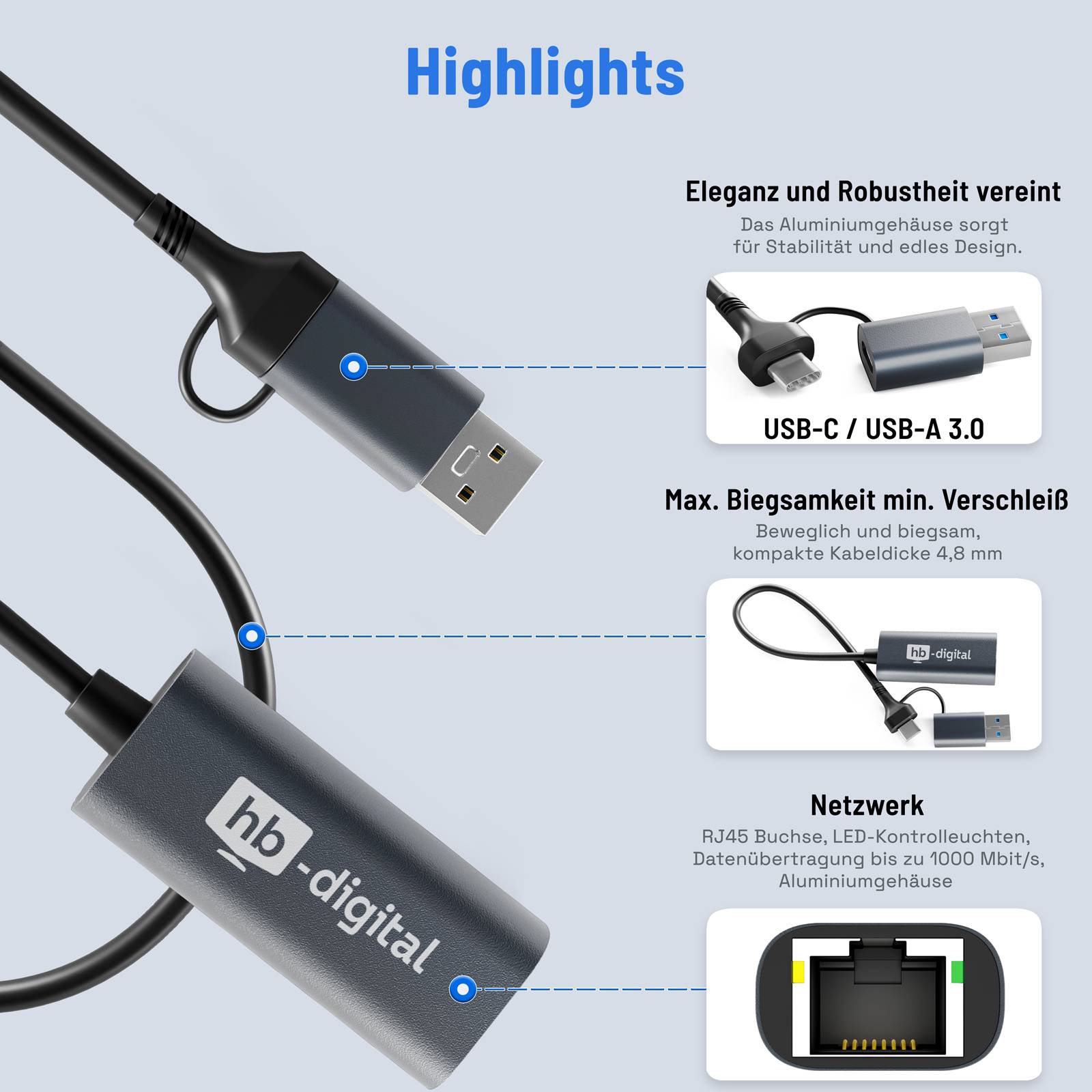 hb-digital USB-C® auf Ethernet Adapter mit USB 3.0