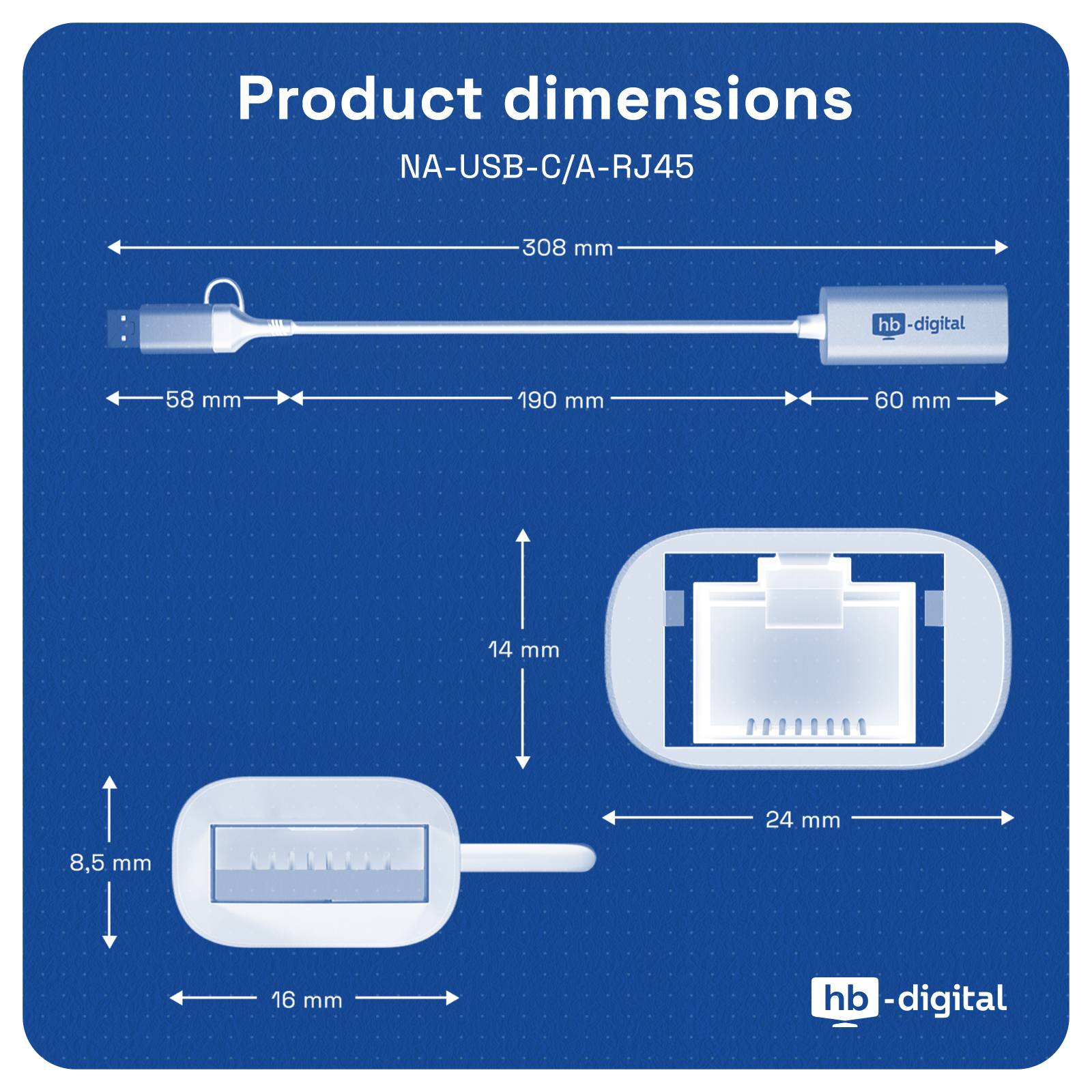 hb-digital USB-C® auf Ethernet Adapter mit USB 3.0