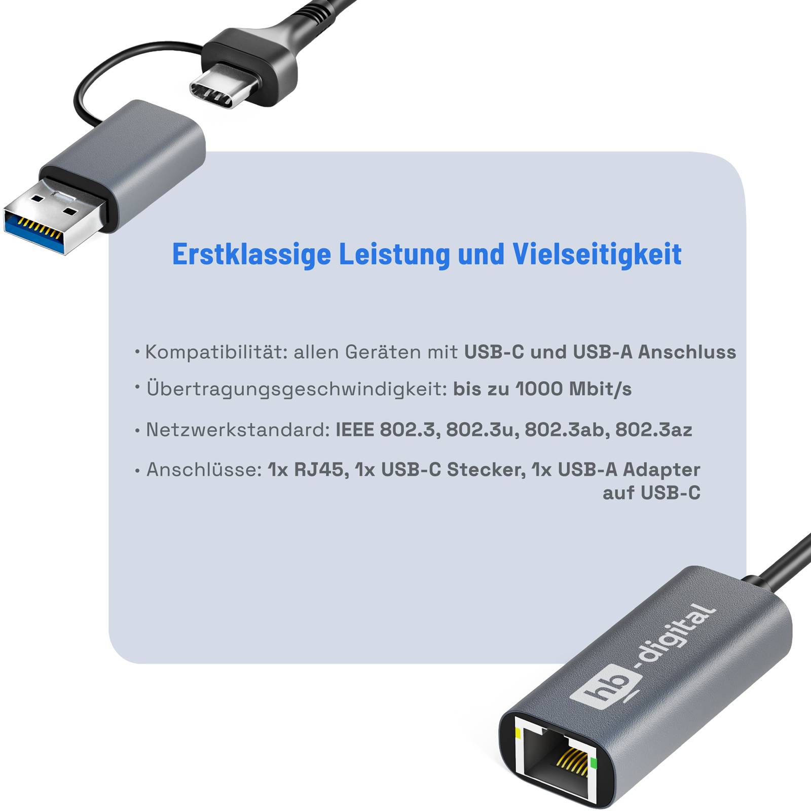 hb-digital USB-C® auf Ethernet Adapter mit USB 3.0