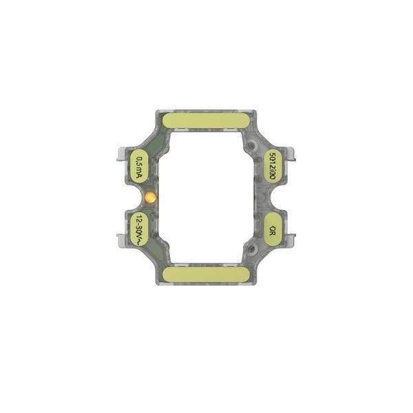 Ein elektronischer Chip mit gelben und grauen Komponenten, Beschriftungen '0,5N', '5D' und '2A-32V', die Spezifikationen oder Werte angeben.