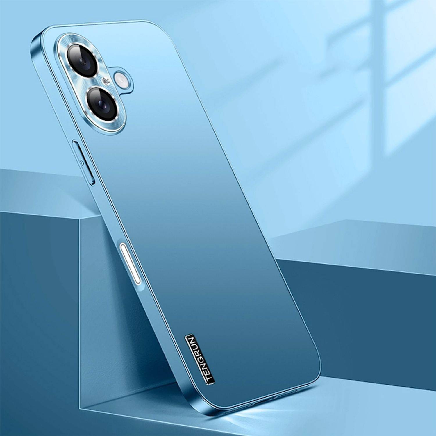 Für Apple iPhone 16 Plus Feinmattes Metall Design Optik Handy Hülle Case Tasche Hellblau
