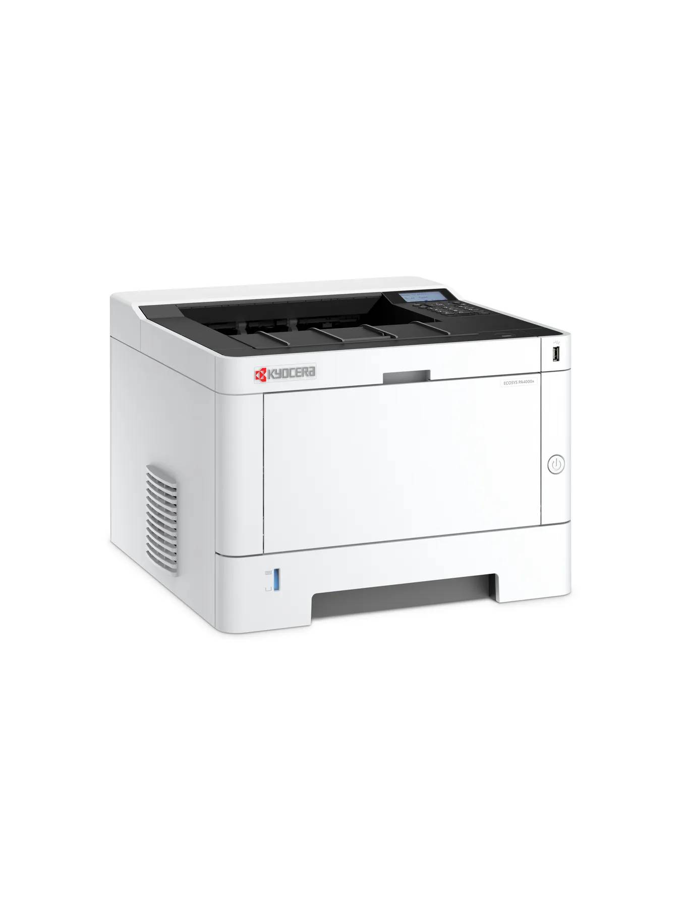 Weißer Desktop-Laserdrucker mit oberer Papierkassette und vorderem Ausgabeschacht, gezeigt vor einem einfachen weißen Hintergrund.