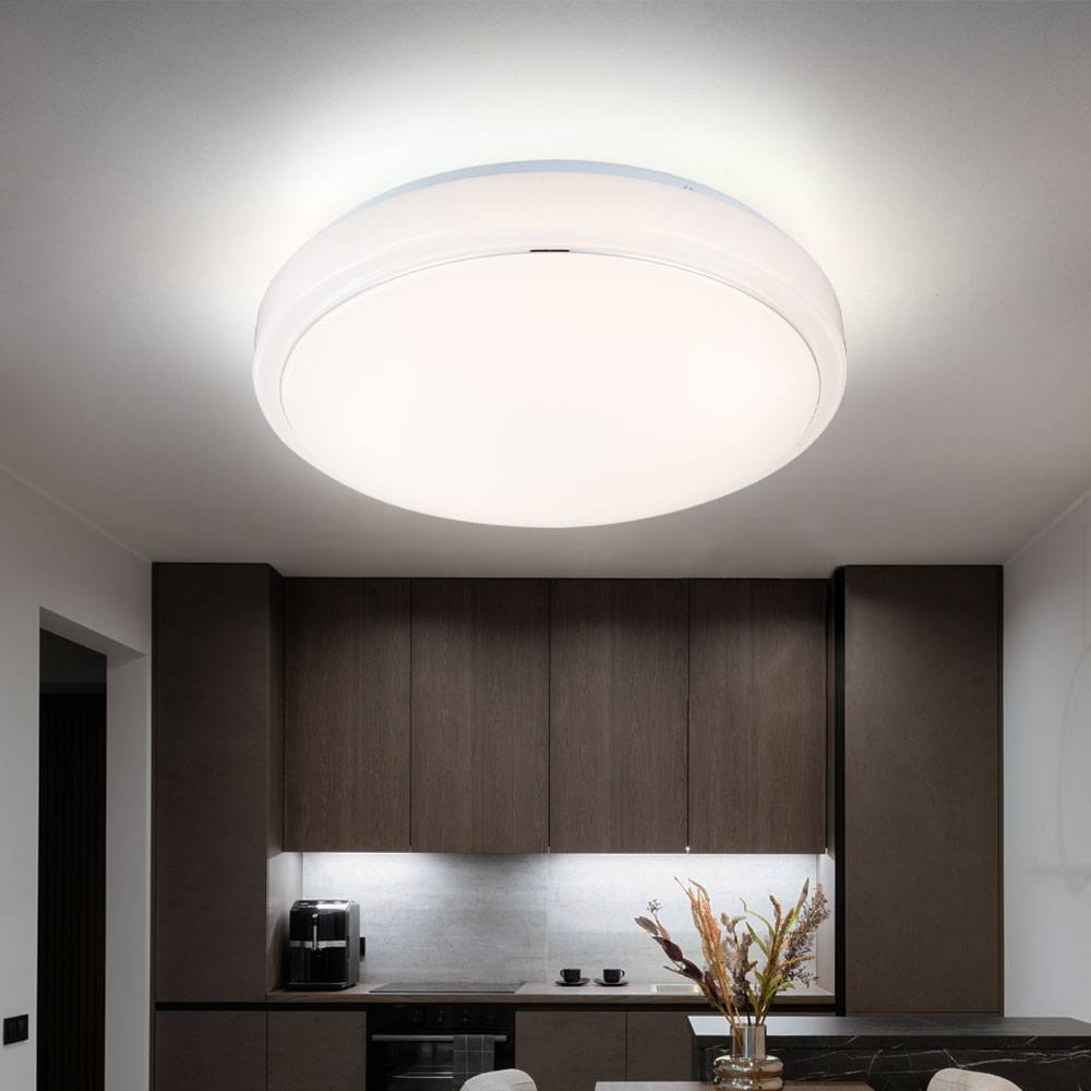 Deckenlampe Deckenleuchte Wohnzimmerlampe Wohnzimmerleuchte Flurleuchte, 3 Helligkeitsstufen, weiß opal, LED 15W 1400Lm warmweiß, DxH 33x10cm, 2er