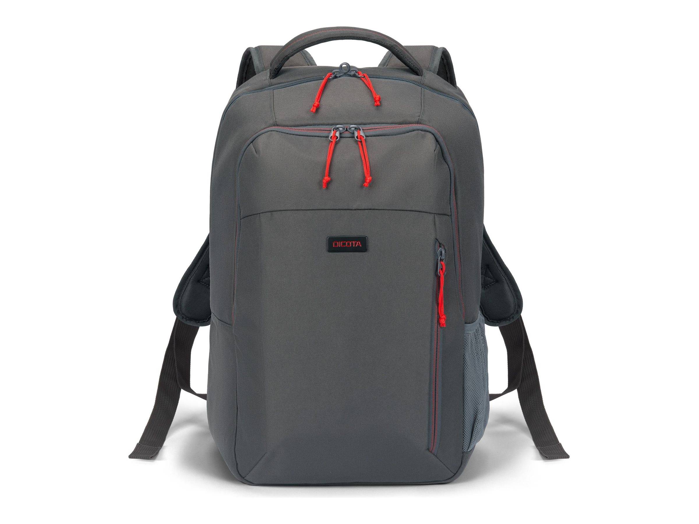 Grauer Rucksack mit roten Reißverschlussschiebern, vorderer Reißverschlusstasche und oberem Tragriff, auf weißem Hintergrund dargestellt.