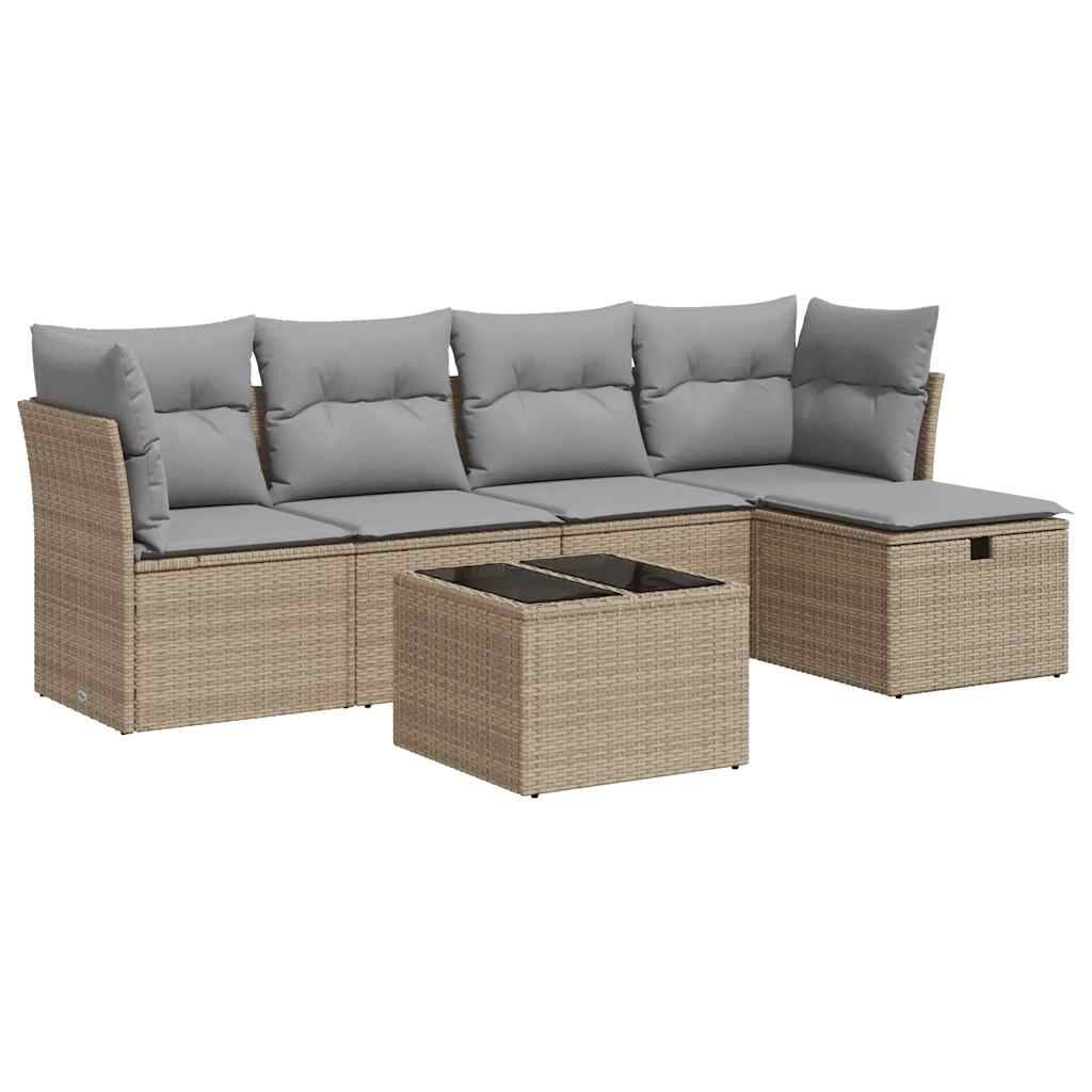 vidaXL 6-tlg. Garten-Sofagarnitur mit Kissen Beige Poly Rattan