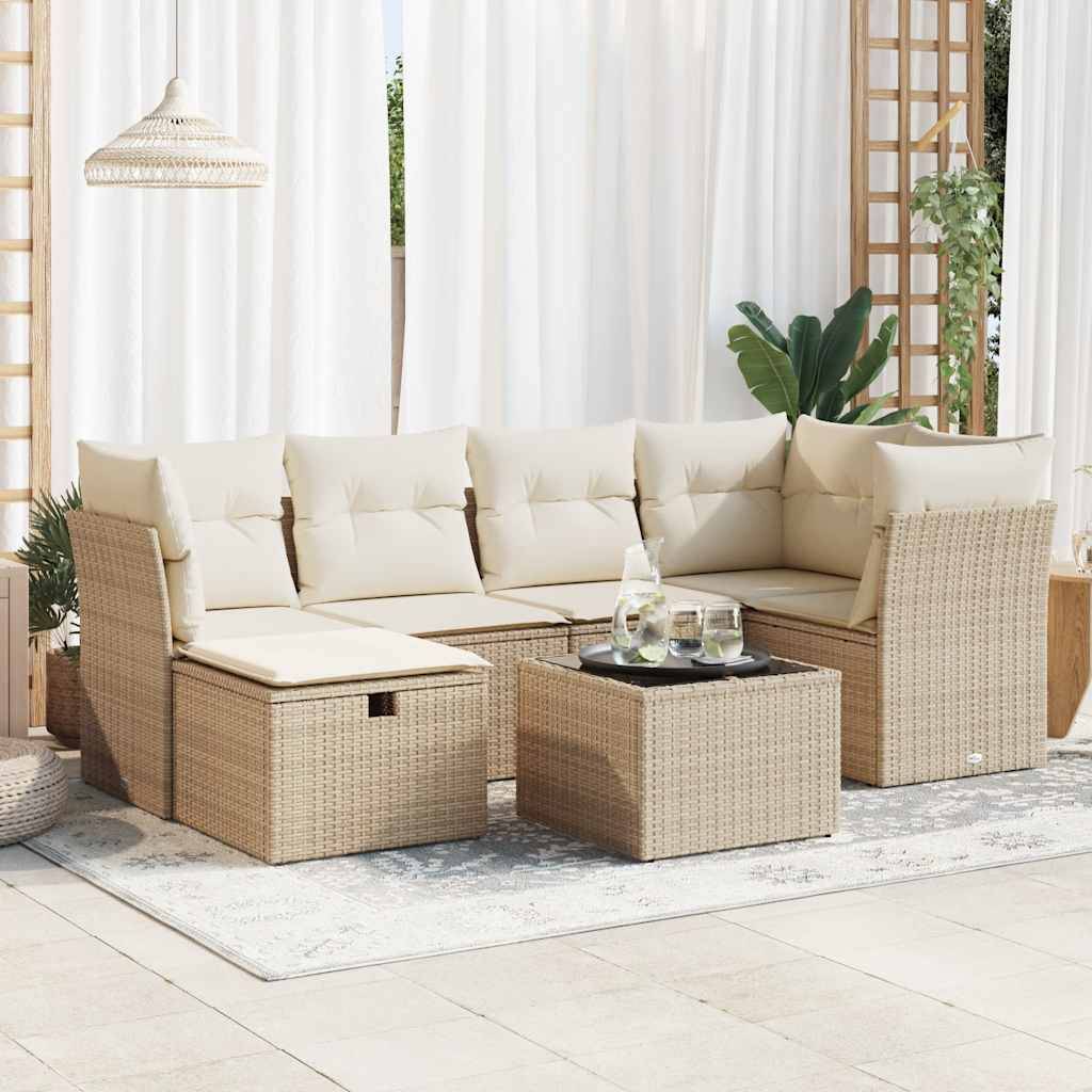 vidaXL 7-tlg. Garten-Sofagarnitur mit Kissen Beige Poly Rattan