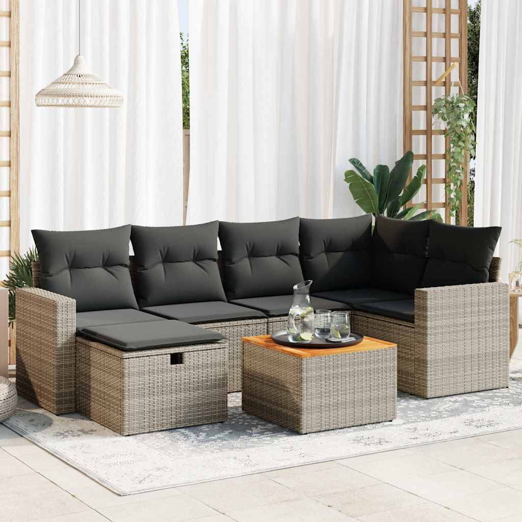 vidaXL 7-tlg. Garten-Sofagarnitur mit Kissen Grau Poly Rattan