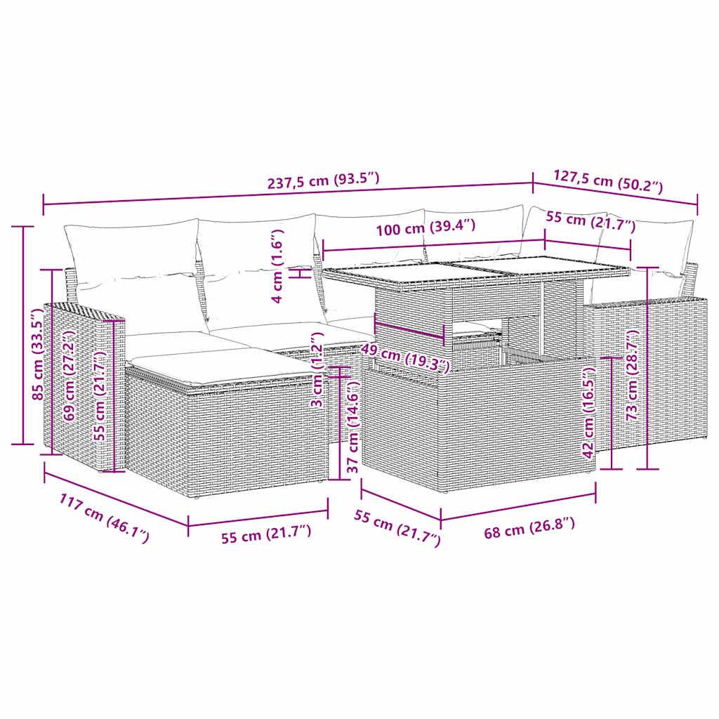vidaXL 7-tlg. Garten-Sofagarnitur mit Kissen Beige Poly Rattan