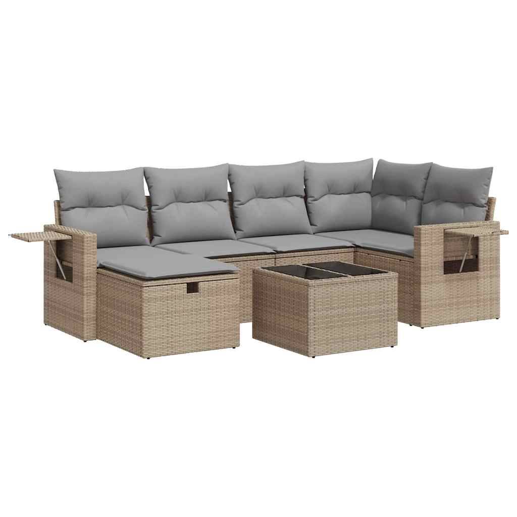 vidaXL 7-tlg. Garten-Sofagarnitur mit Kissen Beige Poly Rattan