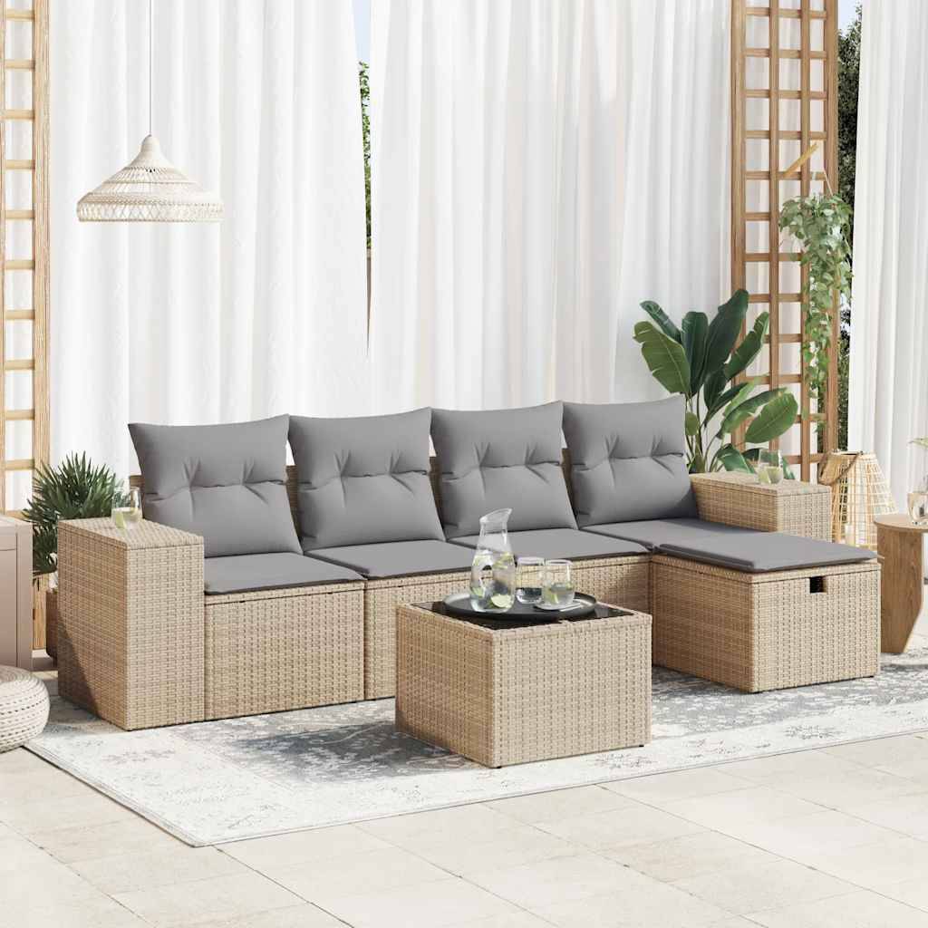 vidaXL 6-tlg. Garten-Sofagarnitur mit Kissen Beige Poly Rattan