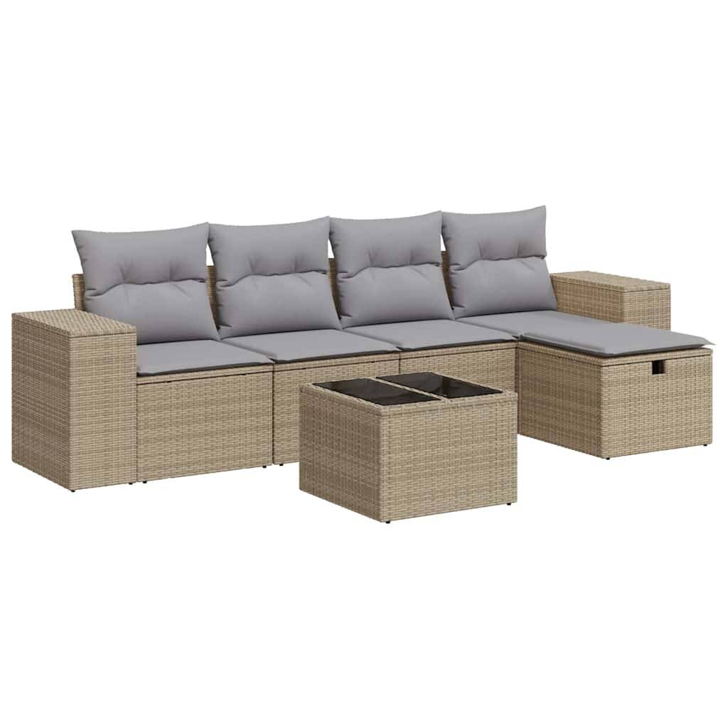 vidaXL 6-tlg. Garten-Sofagarnitur mit Kissen Beige Poly Rattan