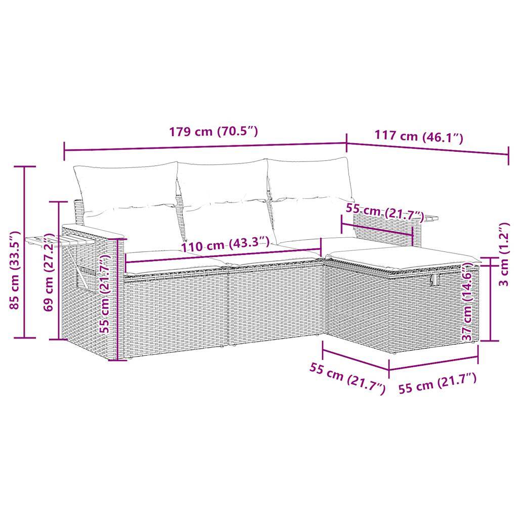 vidaXL 4-tlg. Garten-Sofagarnitur mit Kissen Grau Poly Rattan