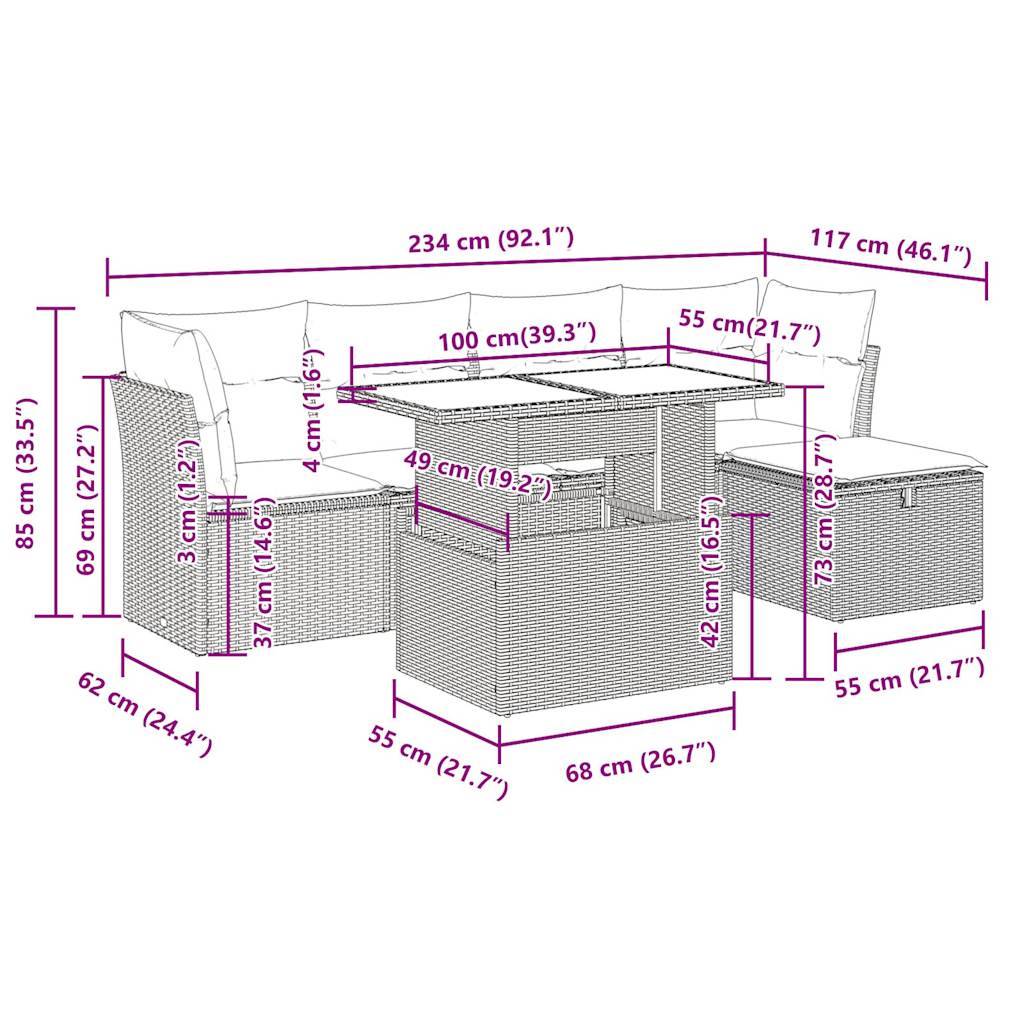 vidaXL 6-tlg. Garten-Sofagarnitur mit Kissen Schwarz Poly Rattan