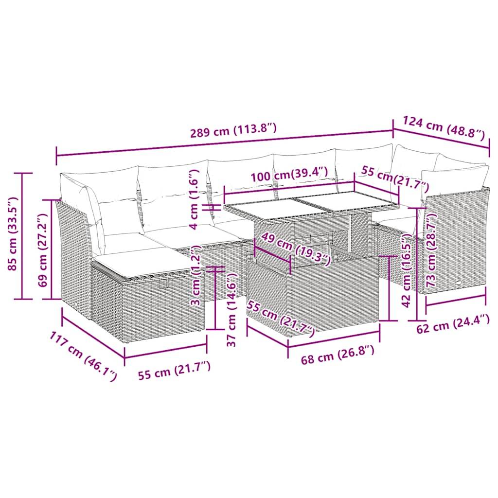 vidaXL 8-tlg. Garten-Sofagarnitur mit Kissen Grau Poly Rattan