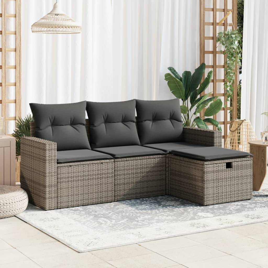vidaXL 4-tlg. Garten-Sofagarnitur mit Kissen Grau Poly Rattan