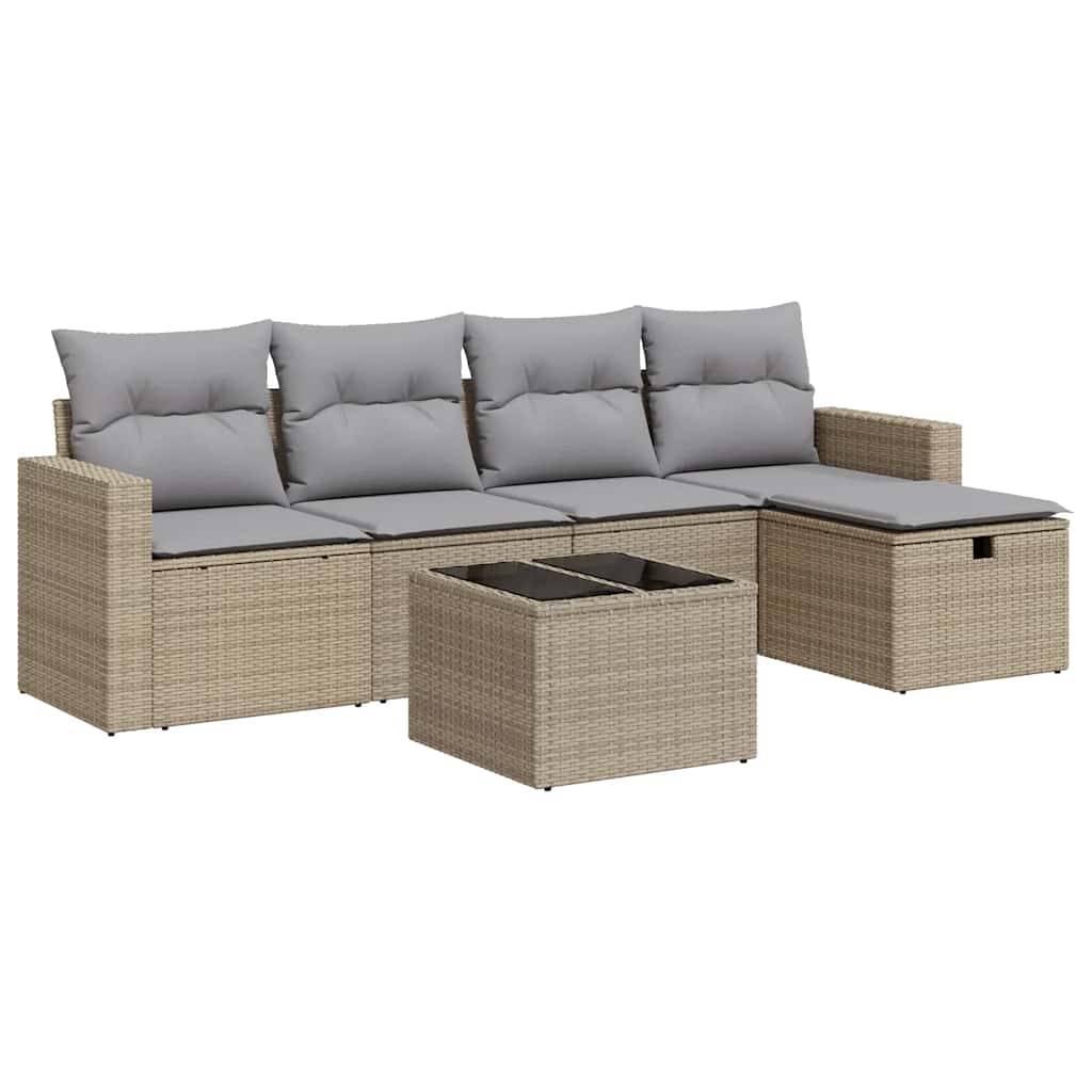 vidaXL 6-tlg. Garten-Sofagarnitur mit Kissen Beige Poly Rattan