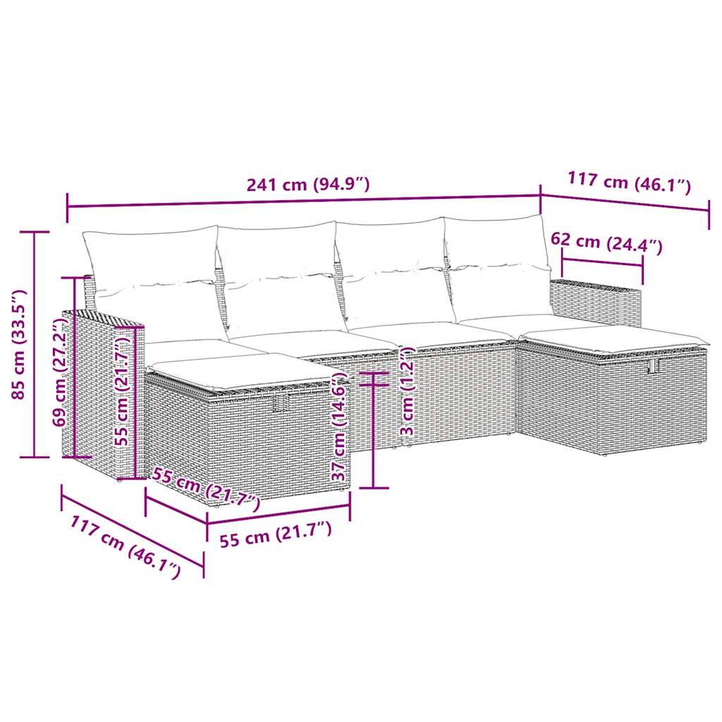 vidaXL 6-tlg. Garten-Sofagarnitur mit Kissen Beige Poly Rattan