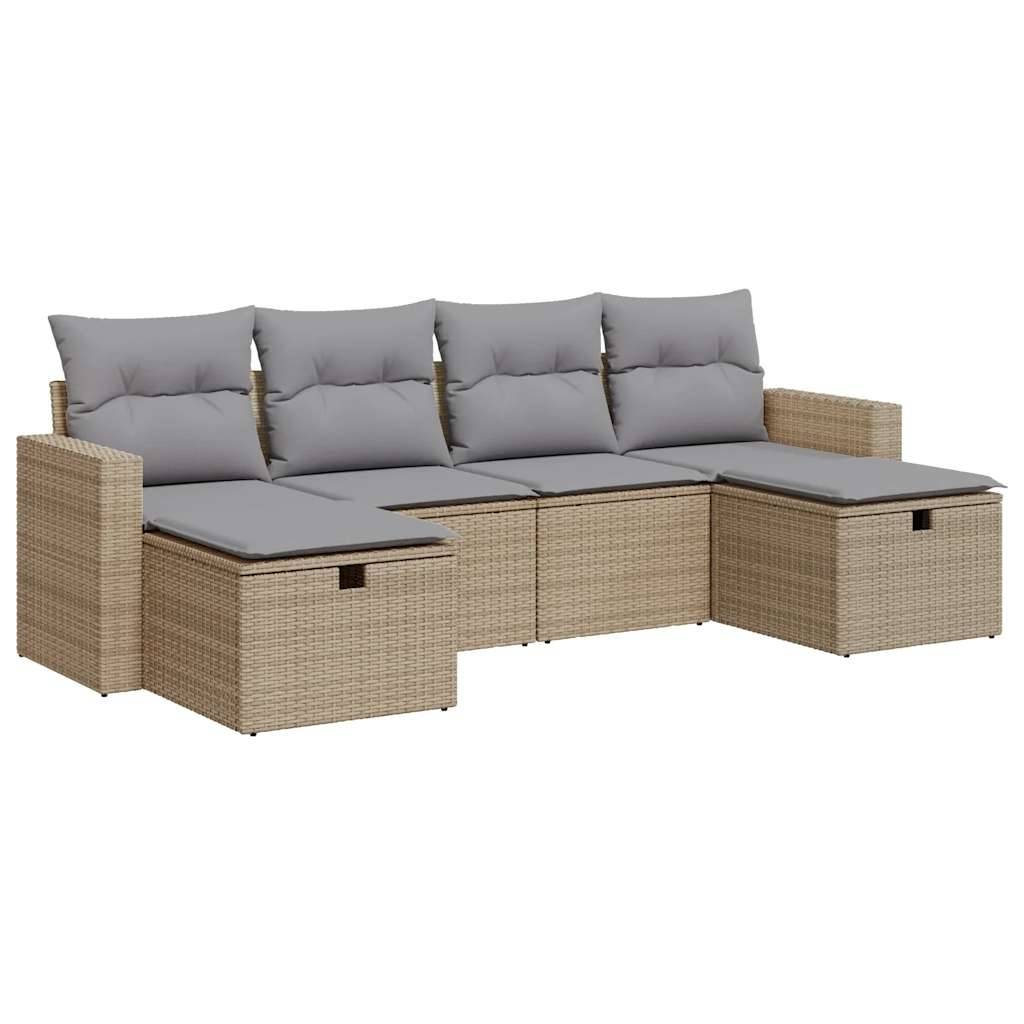 vidaXL 6-tlg. Garten-Sofagarnitur mit Kissen Beige Poly Rattan