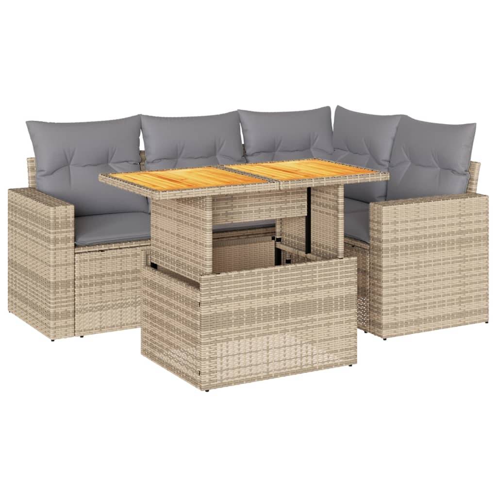vidaXL 5-tlg. Garten-Sofagarnitur mit Kissen Beige Poly Rattan