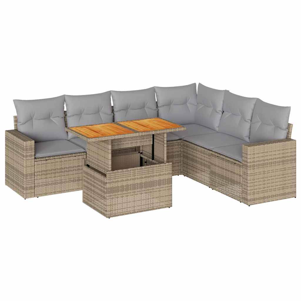 vidaXL 7-tlg. Garten-Sofagarnitur mit Kissen Beige Poly Rattan