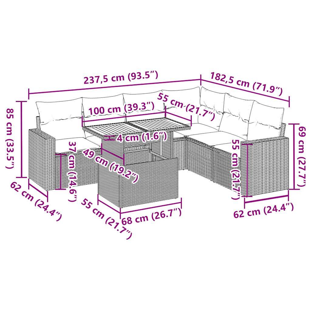 vidaXL 7-tlg. Garten-Sofagarnitur mit Kissen Beige Poly Rattan