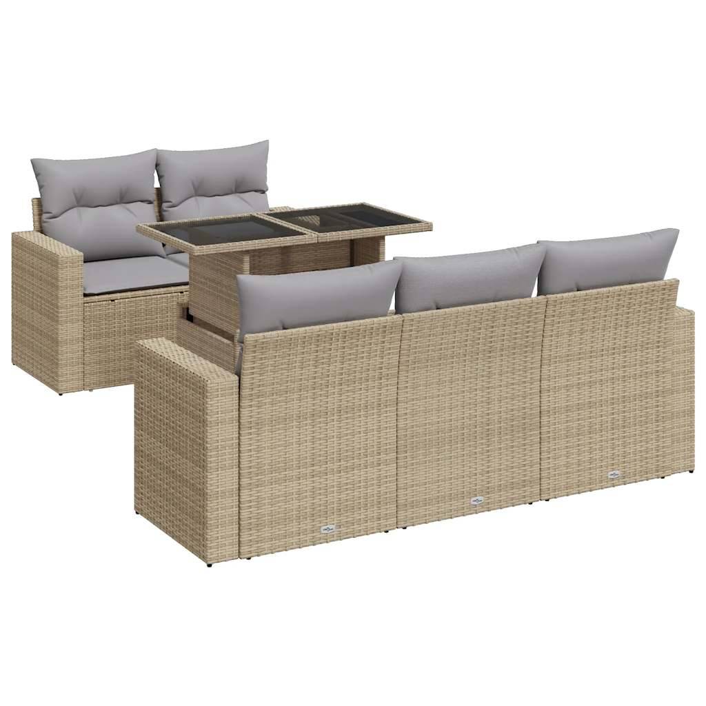 vidaXL 6-tlg. Garten-Sofagarnitur mit Kissen Beige Poly Rattan