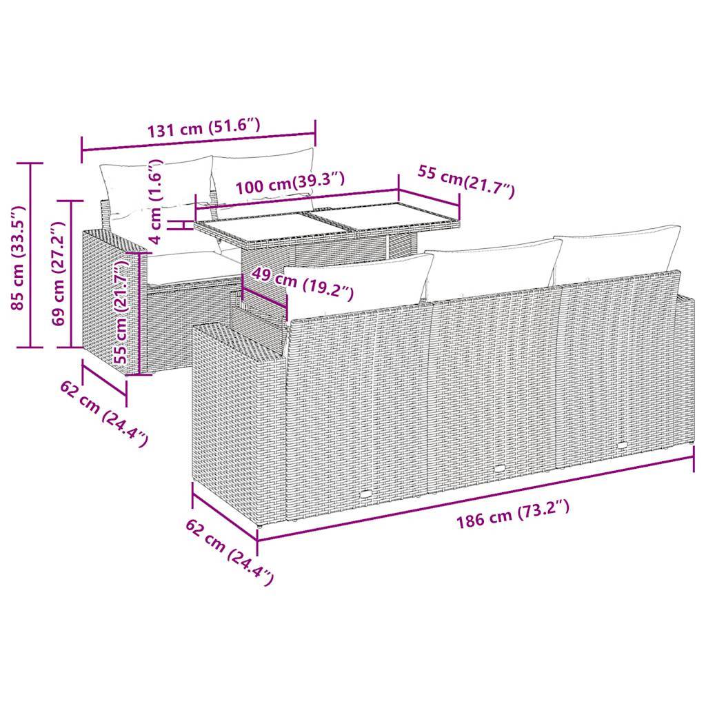 vidaXL 6-tlg. Garten-Sofagarnitur mit Kissen Grau Poly Rattan